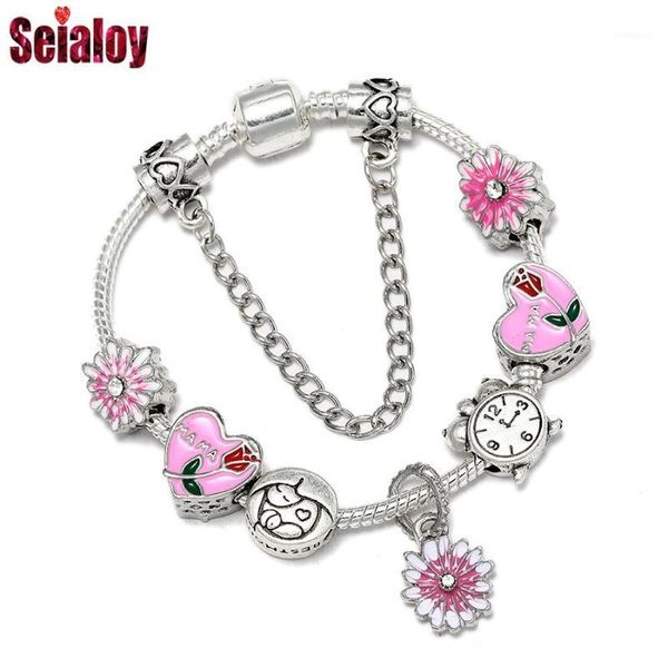 

charm bracelets seialoy daisy flower for women girls original alarm clock mother's arms heart beaded bracelet & bangle jewelry1, Golden;silver
