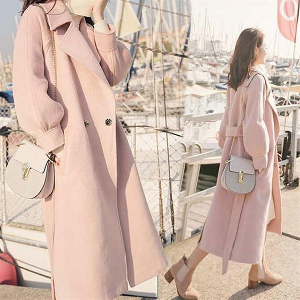 

autumn winter woolen coats women lantern sleeve wool&blends long woolen coat casual loose wool jacket female outwear lj201202, Black