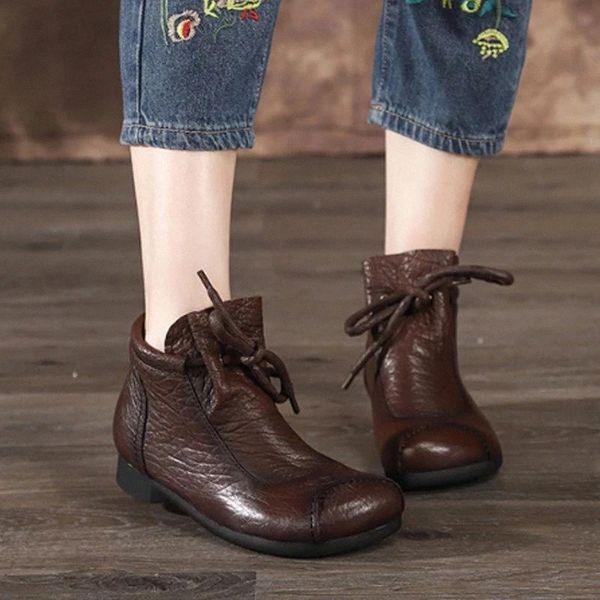 

women boots leather brand retro shoes flats heel winter soft boots women handmade genuine leather ankle lazy shoes #ck9x, Black