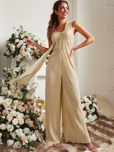 

sbetro one shoulder zip back draped jumpsuit t8ru#, White