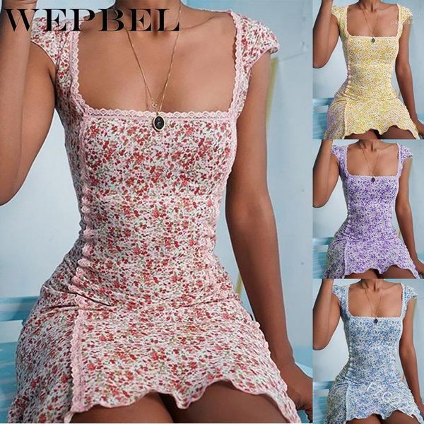 

wepbel dress women's floral print mini dress summer fashion high waist lace sleeveless square collar slim1, Black;gray