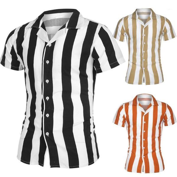 

casual men turn down collar short sleeve vertical stripes buttons slim shirt1, White;black