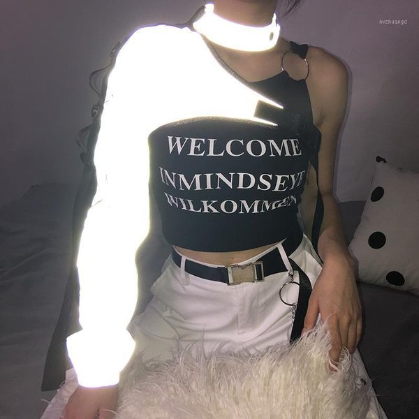 

reflective cropped jacket women buckle ribbon one shoulder long sleeve jackets coats streetwear fall 2019 women shirts1, White