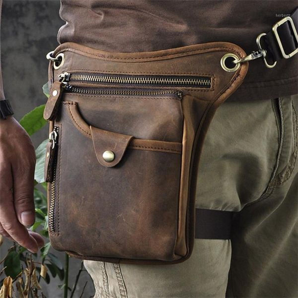 Bolsas de cintura Men's Genuine Leather Drop Leg Pack Belt Hip Bum Travel