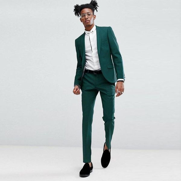 Классный зеленый тонкий Fit Мужские выпускные костюмы две части шаль отворотный свадьба для мужчин смокинги пиджаки куртка и штанты1
