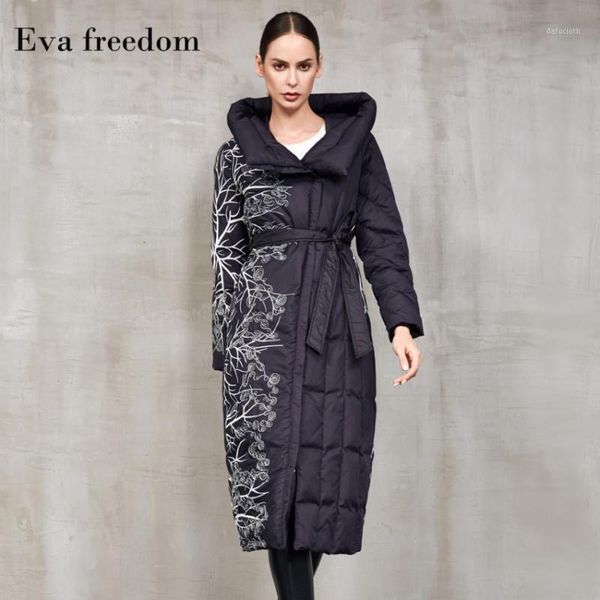 

winter fashion embriodery printed thicker fluffy duck down coats female oversized over the knee longer warm duck down coat f3031, Black