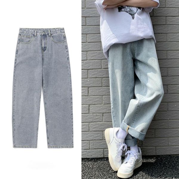 

wholesale jeans men straight loose popular korean teenagers student ankle length pants men solid denim trousers, Blue