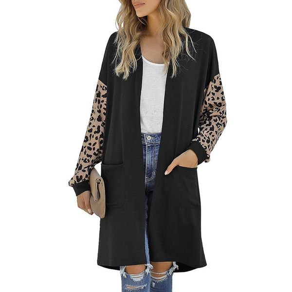

women's knitwear fashion medium length leopard printed patchwork jackets casual long sleeve pocket cardigan coat outerwear#g3, Black;brown