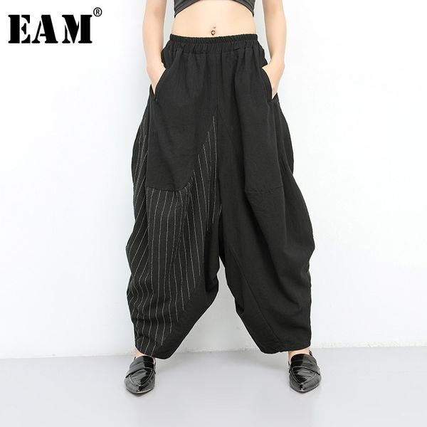 

eam] 2020 new spring autumn high elastic waist black striped big pocket wide leg loose pants women trousers fashion tide jt138 1017, Black;white