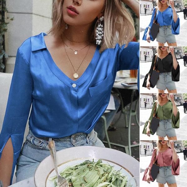 

long sleeves v-neck chiffon shirt spring autumn elegent flare sleeve lady turn down collar blouse shirts women bluas 8l16881, White