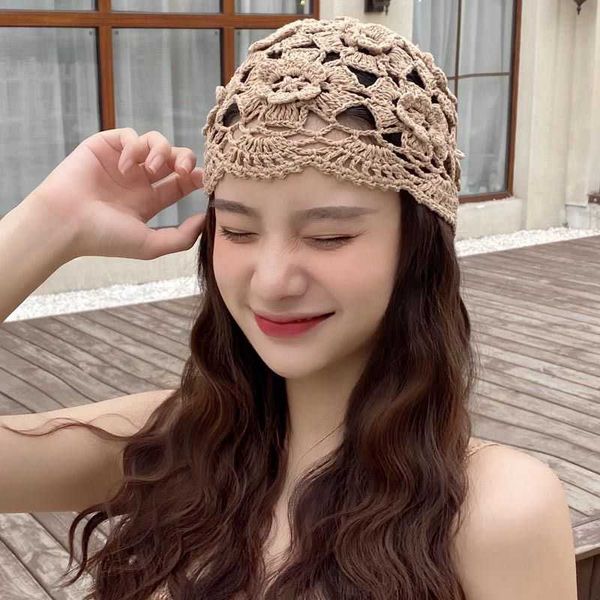 

beanie/skull caps manual knitting spring summer lace hollow out thin cap breathable cotton hat wet turban baotou bonnet age season, Blue;gray