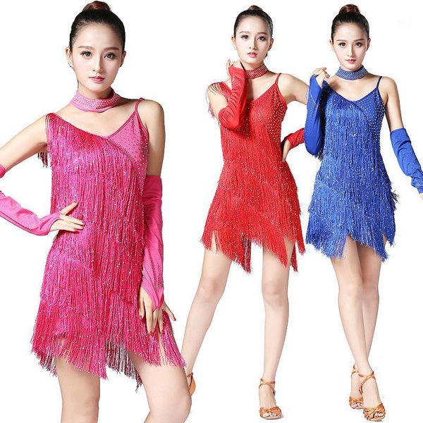 

stage wear professional sequins women latin dance dress tassel fringe salsa cha rumba samba dresses costumes1, Black;red