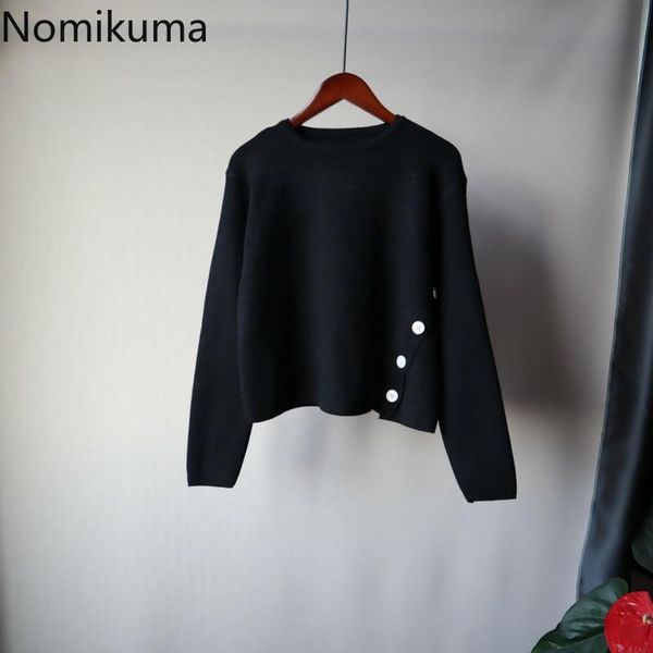 

nomikuma pull femme 2020 autumn winter korean buttons short women sweater causal long sleeve o-neck knitted pullovers 6c997, White;black