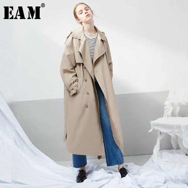 

eam] women khaki double breasted long big size trench new lapel long sleeve loose fit windbreaker fashion spring 2020 jx1390 1031, Tan;black