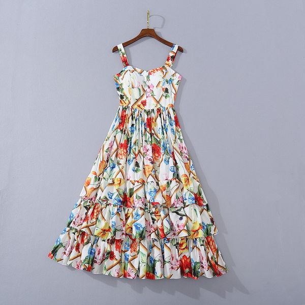 

2021 spaghetti strap print ruffle panelled milan runway designer dress brand same style dress women's xiue, Black
