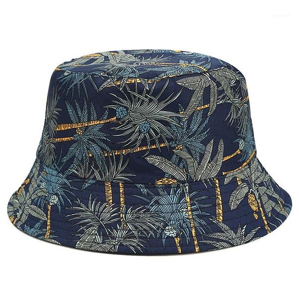 

wide brim hats two side reversible coconut tree bucket hat printing hip hop for women men panama cap summer fisherman black blue1, Blue;gray