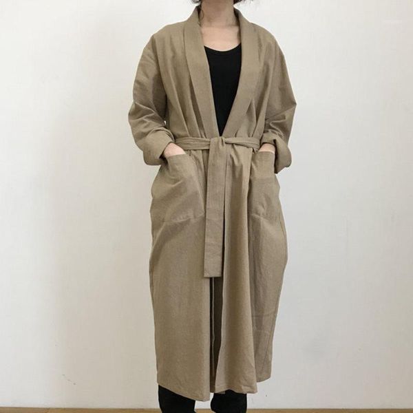 

female cotton linen long coat women's trench coat 2019 autumn korean version long sleeved large size loose women trenchs coats1, Tan;black