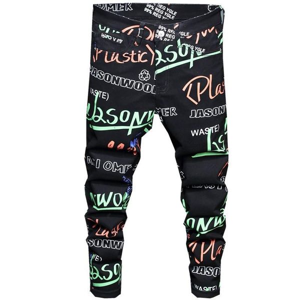 

men's jeans mens black fantastic patterns slim comfortable stretch cotton denim hiphop pants fashion letters print casual trousers, Blue