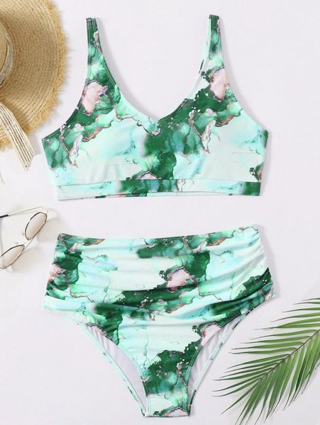 

plus marble print ruched bikini swimsuit e4pj#, Black