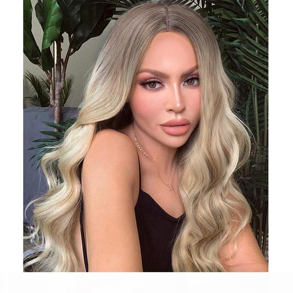 

парик длинные ombre коричневый ash blonde жаропрочных волокна синтетические кружева фронт парик женщин способа glueless сыпучие волнистые co, Black