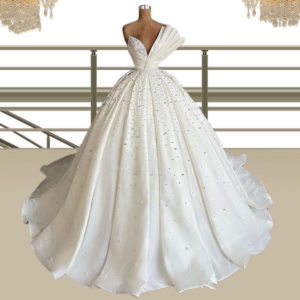 

modern design pearls wedding dress luxury ball gown sweetheart satin sweep train custom made bridal dresses robe de mariÃ©e, White