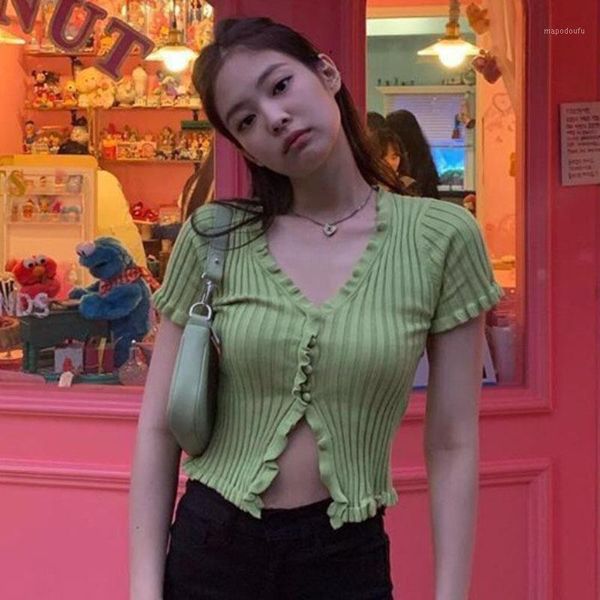 

ewq] 2020 summer new vintage ruffles womens and blouses v-neck thin knit cardigan slim-fit navel short-sleeved shirt coats1, White