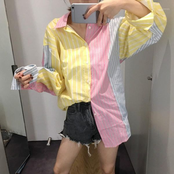 

ewq]2020 spring new korea long sleeve plus size women blouses striped stitching strapless trendy ladies shirt caual blusas1, White