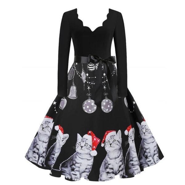 

casual dresses plus size women vintage long sleeve christmas dress winter swing elegant lacework party robe black print year, Black;gray