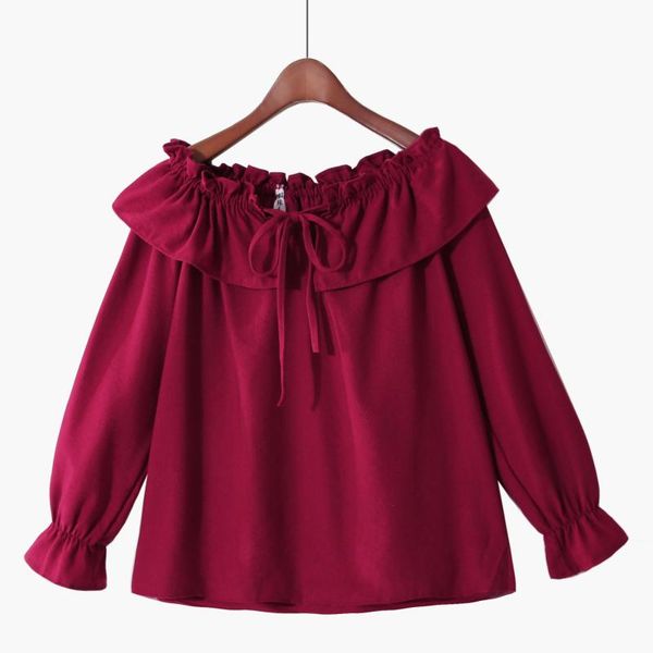 

женщины осень оборки разрез шея рубашка сладкие cute опрятного стиль boho пляж сыпучей блуза basic tops пуловер blusas, White