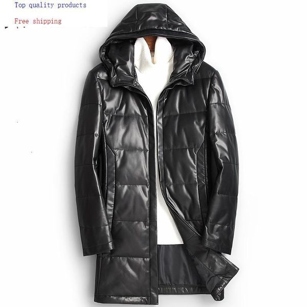 

men's leather & faux genuine jacket men winter duck down 100% sheepskin hooded coat chaqueta cuero 81x89808 yy272, Black