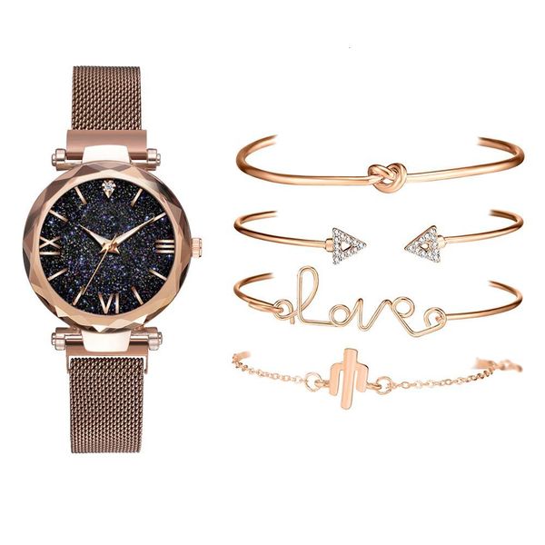 

5pcs set luxury women watches magnetic starry sky female clock quartz wristwatch fashion ladies wrist watch relogio feminino, Slivery;brown
