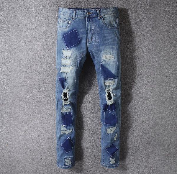 

fashion torn mens patched holey straight slim beggar jeans hip hop blue stretch denim pants #5181