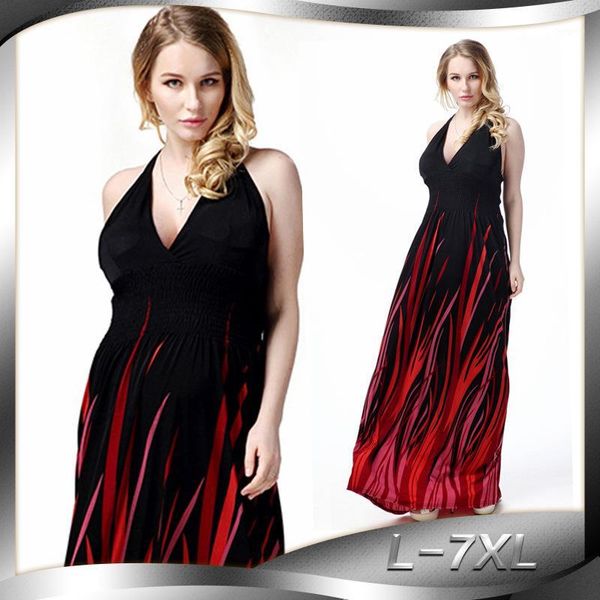 

plus size l-7xl v-neck strap evening long dress women bohemia summer beach holiday dresses big swing party clothing 20201, Black;gray