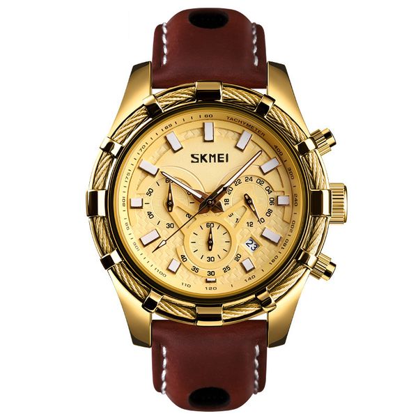 

skmei watches 9189 men wristwatches leather band electronic watch quartz analog business date waterproof luminous clock men luxury sports wr, Slivery;brown