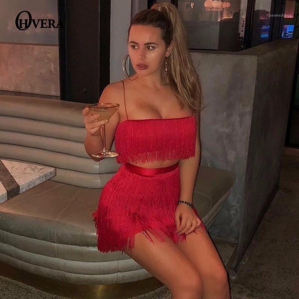 

ohvera tassel two piece set summer spaghetti strap camisoles crop and high waist mini skirt 2 piece set women outfits1, Gray
