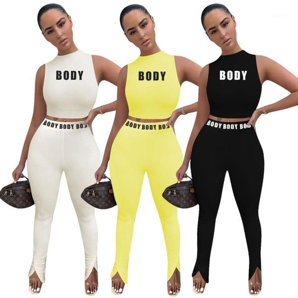 

cutubly letter body print two piece sets outfits women's suit 2020 summer sleeveless tank and split pants two piece set1, Gray