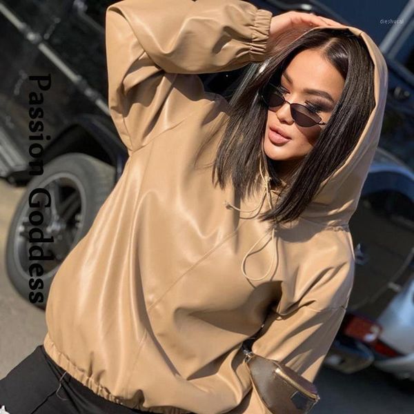

simple casual women pu hoodies jackets black khaki leather loose outcoats long sleeve autumn pullover hooded collar jakect1, Black;brown