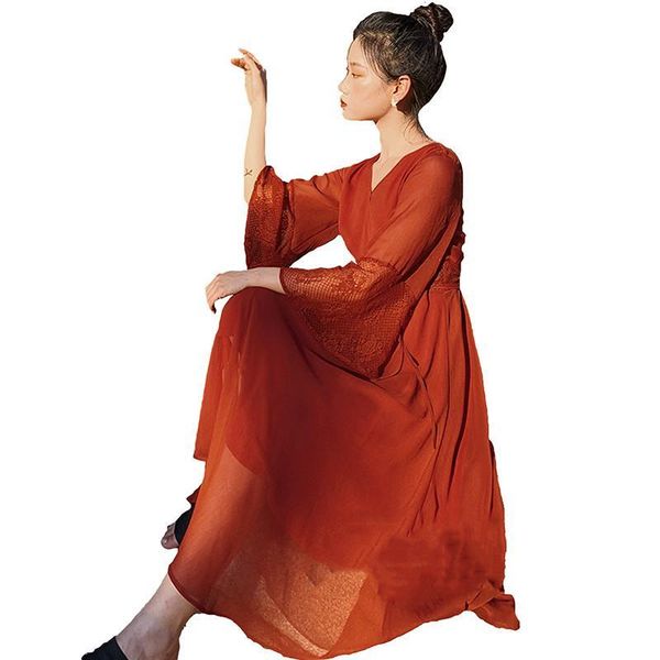 

casual dresses summer chiffon dress lace stitching flare sleeve slim women elegant v- neck solid color retro simple d119, Black;gray