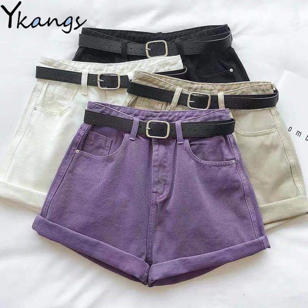

women purple denim shorts with belt classic black vintage high waist wide leg female caual summer ladies 2020 loose shorts jeans t200701, White;black