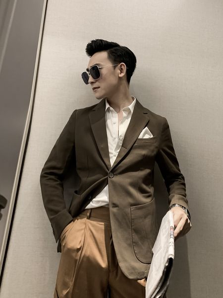 

daio mens korean long sleeve dark green cotton hemp row single for men's versatile simple suit