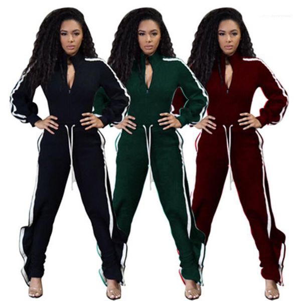 

long sleeve zipper cardigan jackets drawstring pant sets designer female autumn casual loose tracksuits women stripe splicing suits fashion, Gray