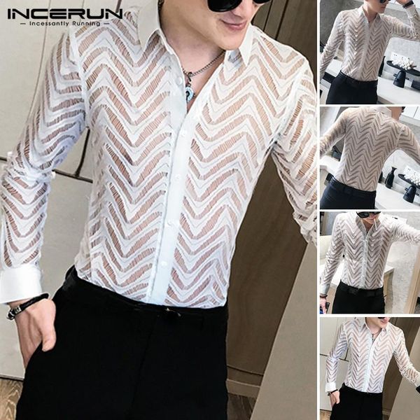 

2020 men lace shirt breathable nightclub party dress shirts fashion mesh long sleeve trun down collar blouse 5xl1, White;black