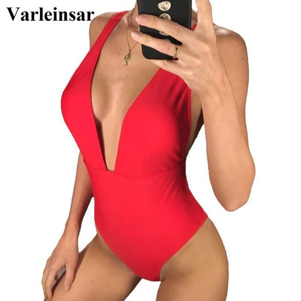 

red black white 2020 women swimwear deep v neck one piece swimsuit female bather high waist bathing suit swim wear lady v10351, White;black