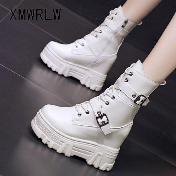

xmwrlw pu leather women mid-calf boots 2020 winter plush warm boots for women hidden heel shoes rubber sole ladies boot shoes, Black