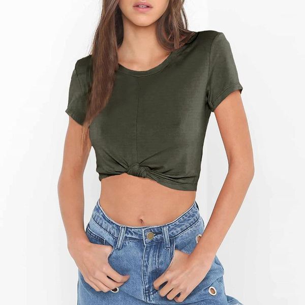 

women t-shirt fitness workout for women sport gym wear knotted crop cotton short-sleeved slim yoga jacket1, White;red