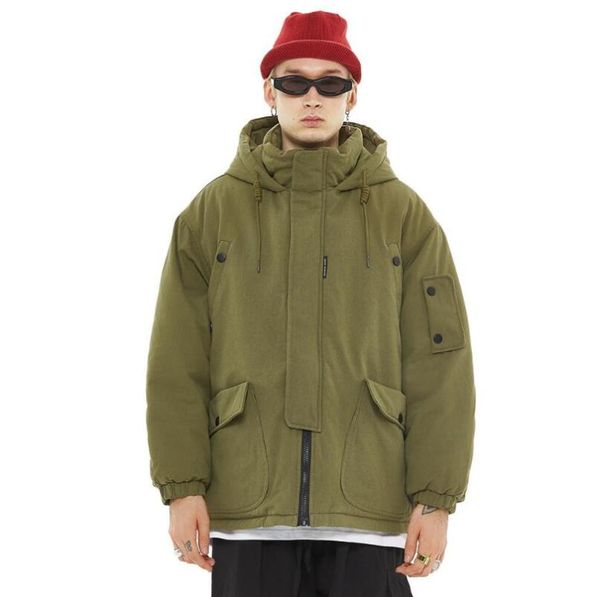

2020 winter style multiple pockets down cotton jacket men thick hooded parkas streetwear casual tooling coat w1309, Black