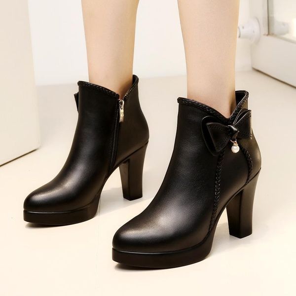 

plus size block heel platform boots women shoes 2020 fall winter high heels ankle boots ladies short plush 41 42 431, Black