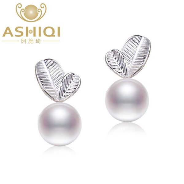 

ashiqi 925 sterling silver double leaf grass earrings 7-8mm natural freshwater pearl stud earring for women gift jewelry, Golden;silver