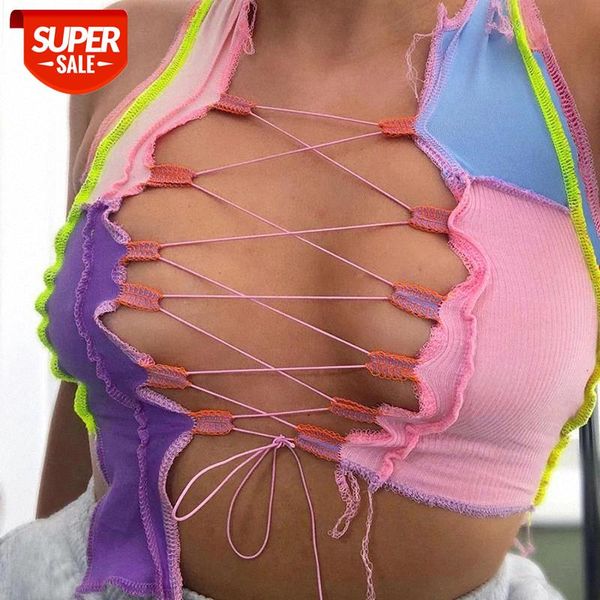 

hollow out camisole women punk style ribbed knitting crop club party wear colorful tank bandage vest female 2020 #dj5s, White