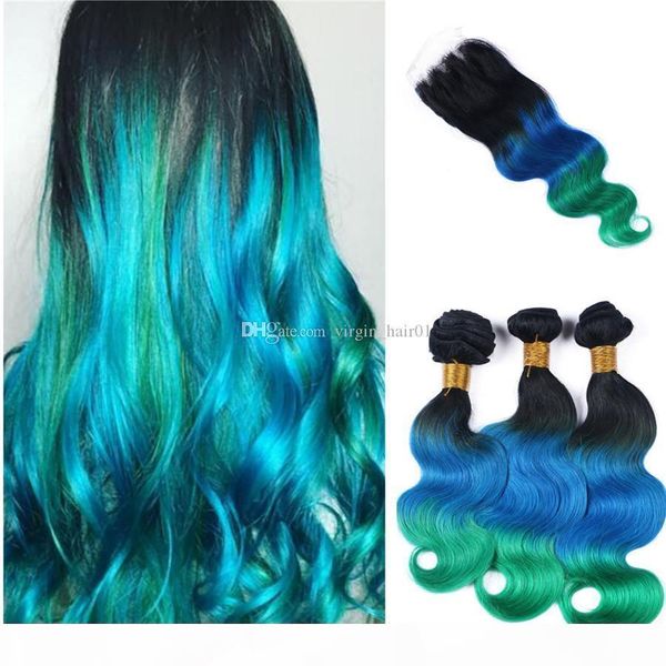 

ombre color unprocessed european hair color products 1b blue green three tone russian virgin human hair bundles with lace closure 4*4, Black;brown